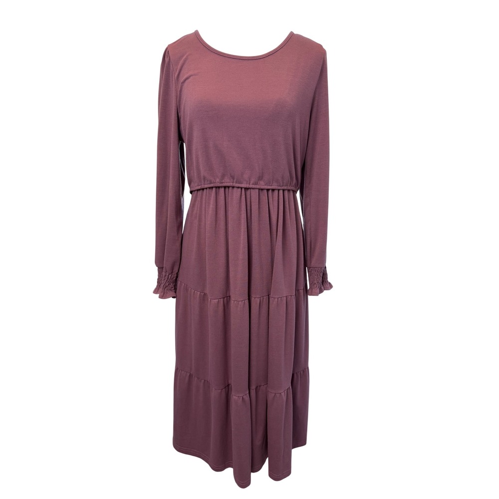 Mauve Nursing Midi Dress Med Long Sleeve Tiered Breastfeeding Access Postpartum